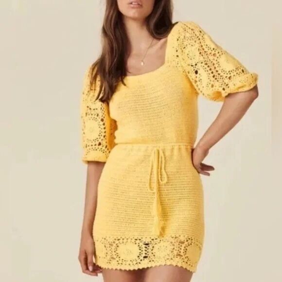 NWOT SPELL Let the Sunshine In Crochet Mini Dress. Color Lemon. Size Medium - Picture 1 of 11